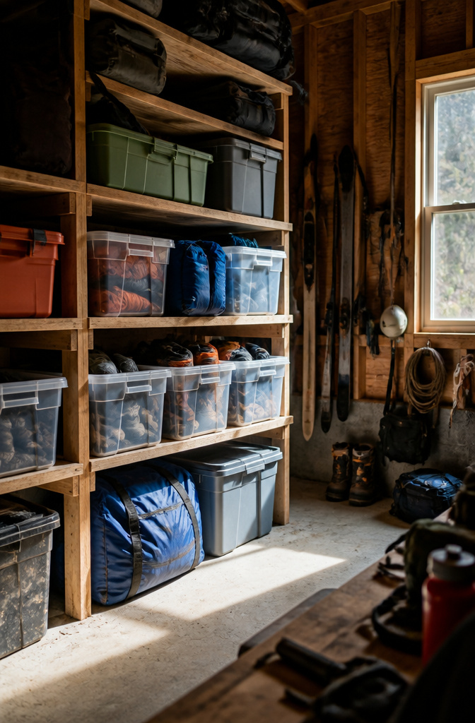 Labeled bins and bags on a wooden shelf in a garage.