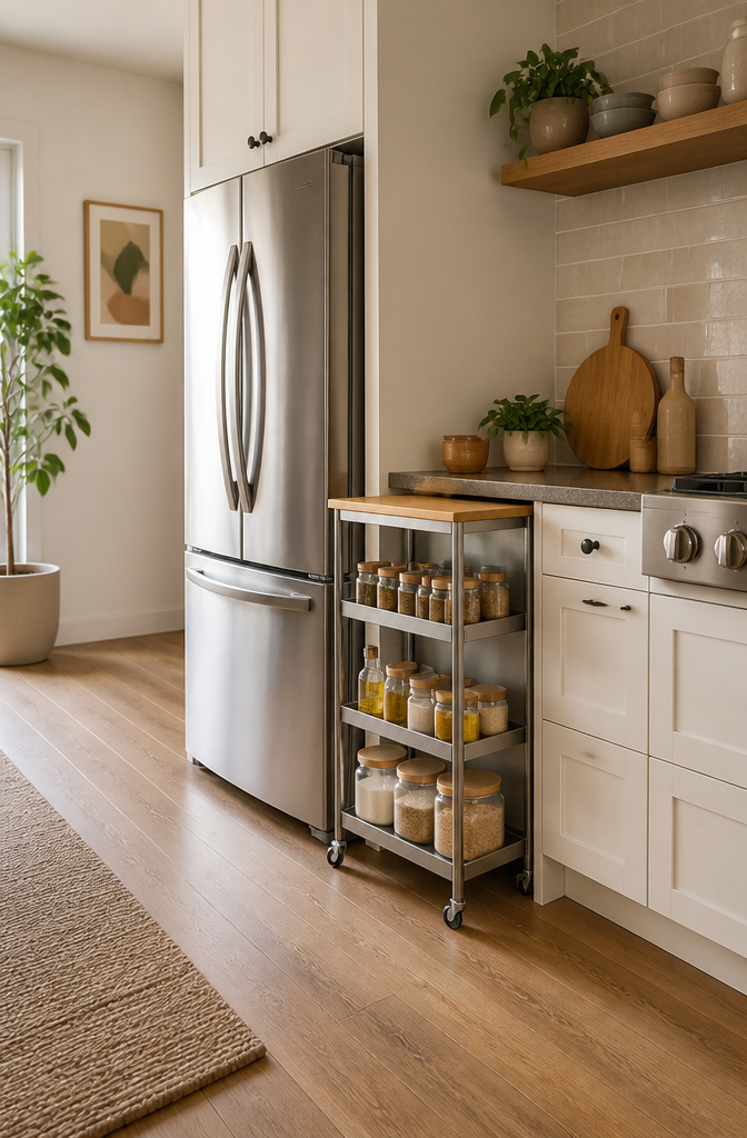 Narrow storage cart positioned between kitchen appliances.