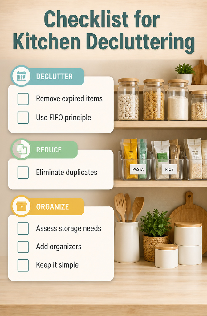 Checklist for kitchen decluttering displayed on a surface.