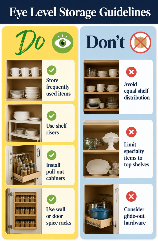 Kitchen shelves organized with frequently used items at eye level.