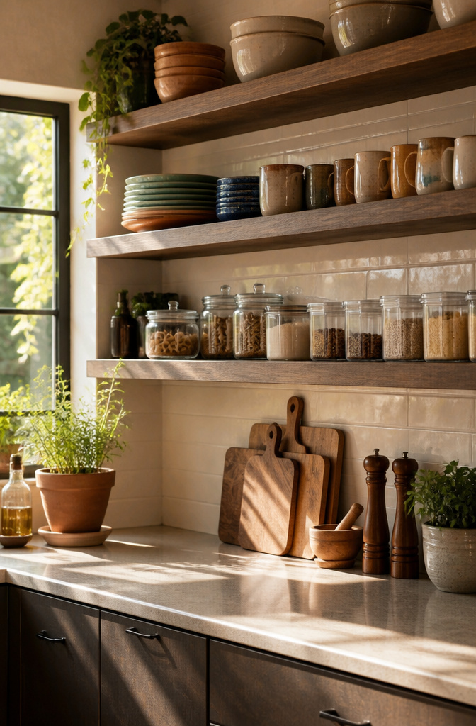 Wooden open shelves with dishware and glass jars in a kitchen.