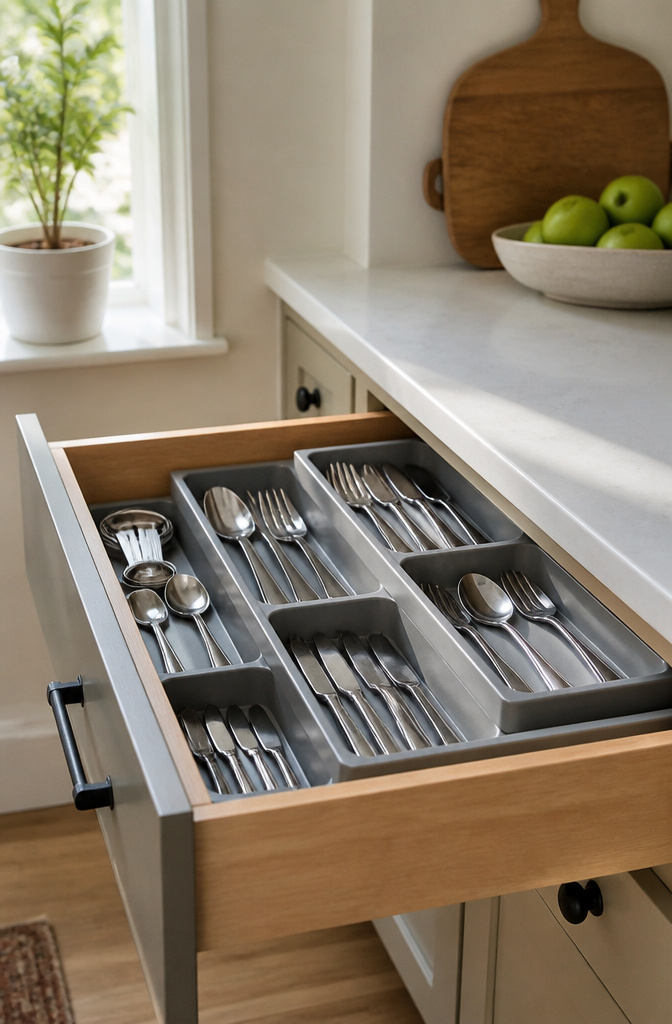 Gray tiered drawer organizer holding forks, knives, and spoons.