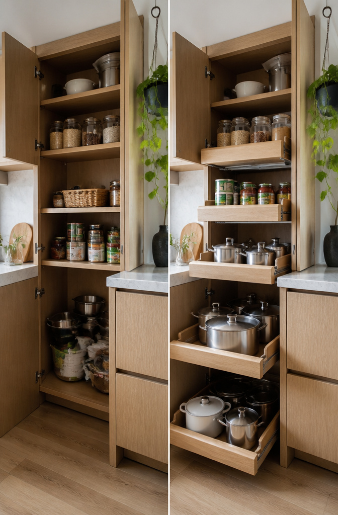 Pull-out shelves in a kitchen cabinet displaying various items.