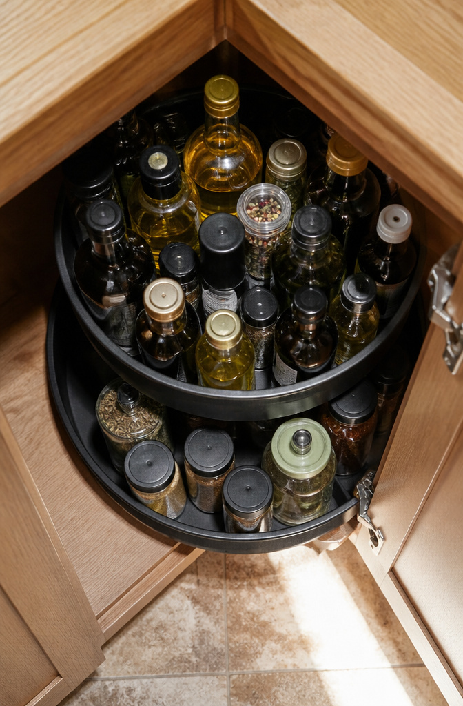 Lazy Susan turntable with jars and bottles in a kitchen cabinet.