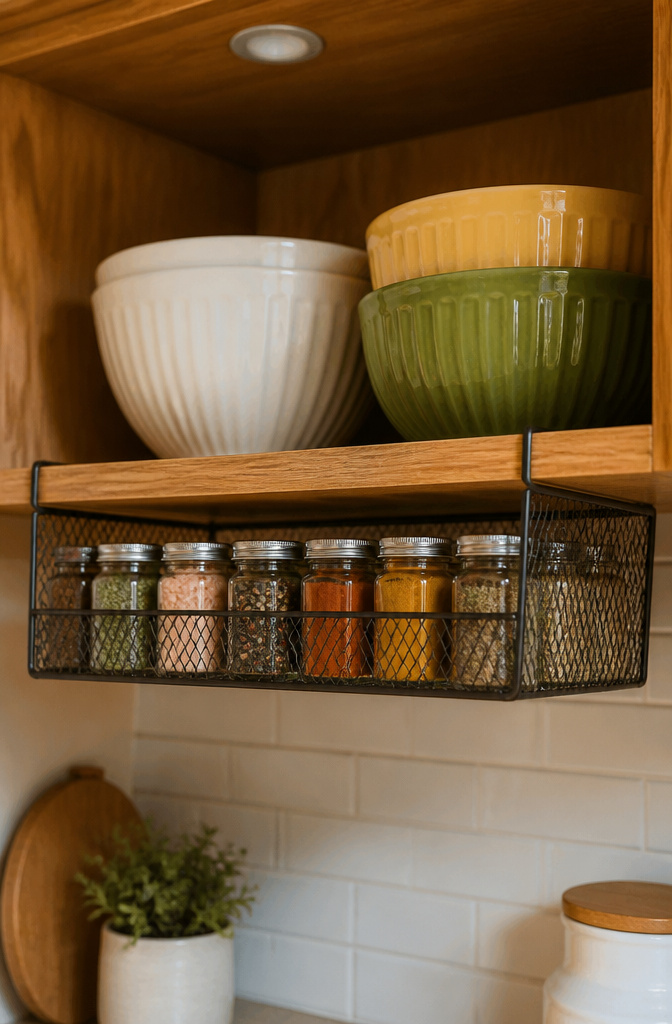 Metal under-shelf basket filled with spice jars in a kitchen.