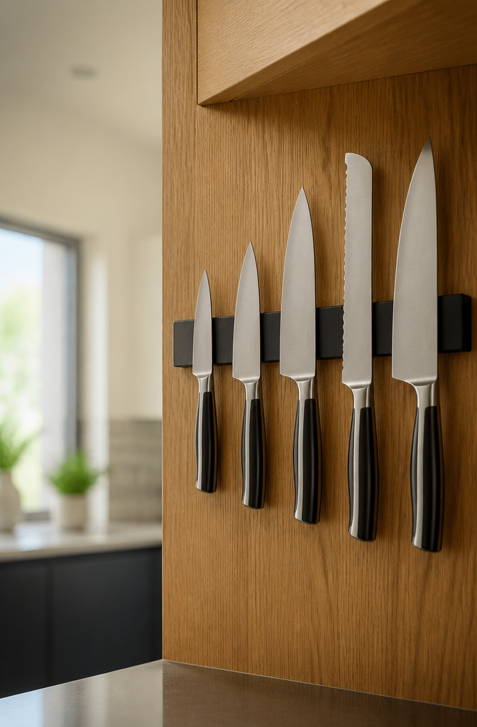 Magnetic knife strip displaying various kitchen knives on a wall.