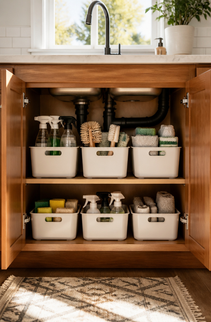 How to Organize Your Kitchen Sink Cabinet: 8 Ideas for 2026 13 Labeled bins filled with cleaning items in an under-sink cabinet.