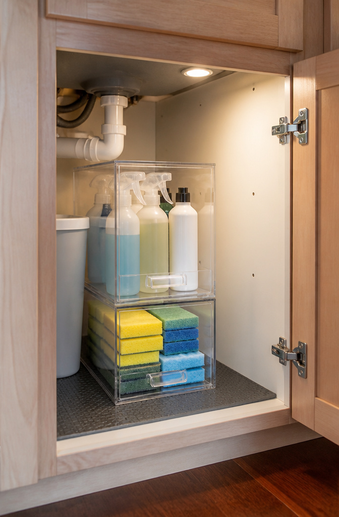 How to Organize Your Kitchen Sink Cabinet: 8 Ideas for 2026 2 Stacked clear acrylic drawers containing colorful sponges and cleaning pads.