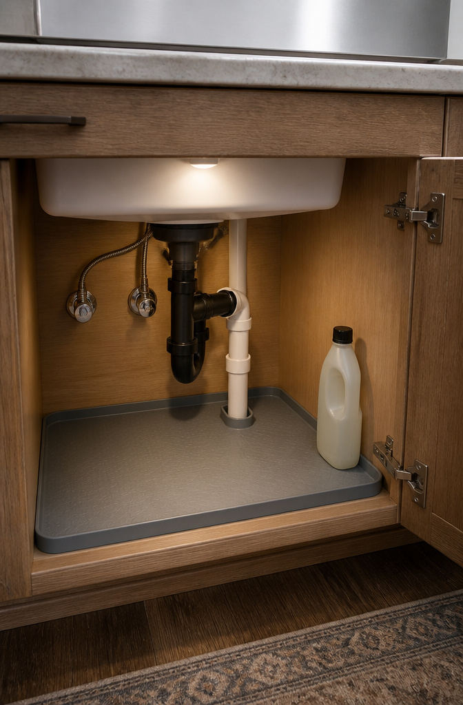 How to Organize Your Kitchen Sink Cabinet: 8 Ideas for 2026 3 A silicone waterproof shelf liner with a raised lip in an under-sink cabinet.