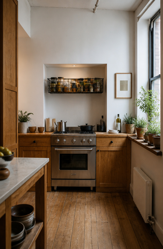15 No Kitchen Cabinets Storage Ideas for 2026 1 A wire basket storing pantry items above a refrigerator.