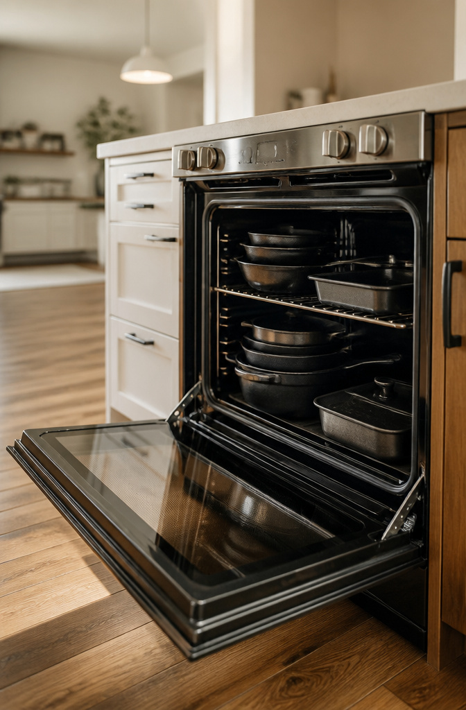 15 No Kitchen Cabinets Storage Ideas for 2026 15 A kitchen oven with heavy baking dishes stored inside.