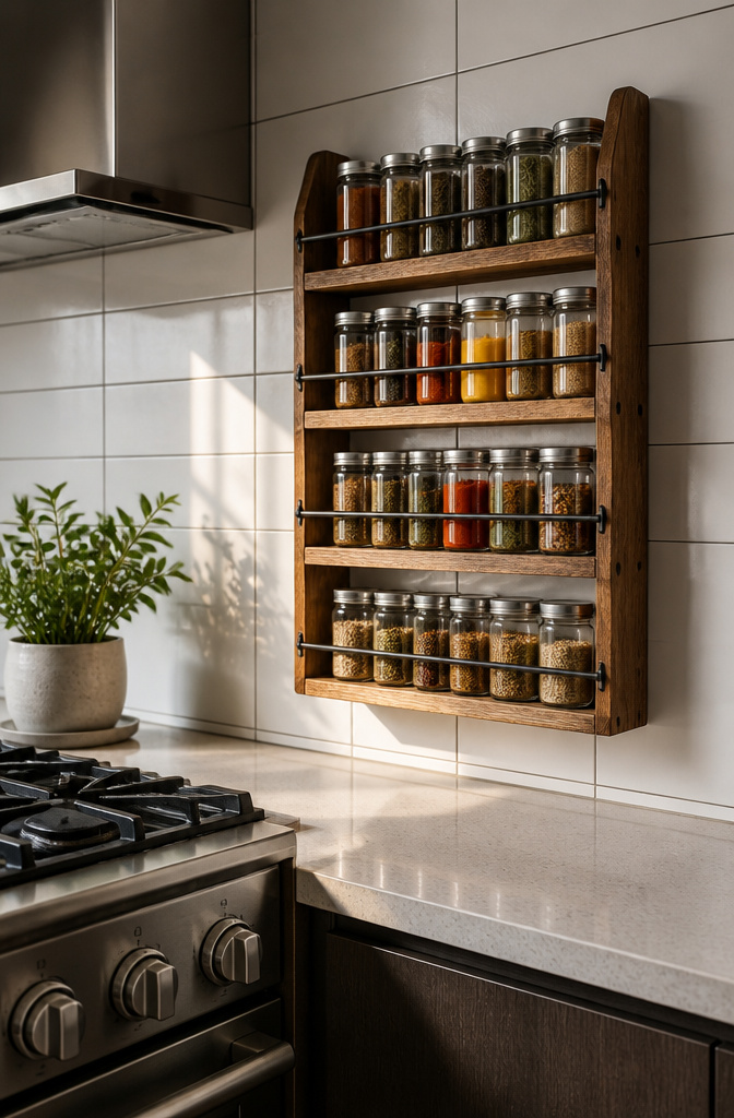 15 No Kitchen Cabinets Storage Ideas for 2026 3 A mounted spice rack filled with jars next to a kitchen stove.