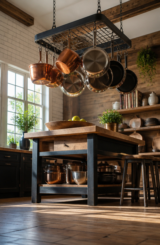 15 No Kitchen Cabinets Storage Ideas for 2026 5 Pots and pans hanging from a ceiling-mounted rack in a kitchen.
