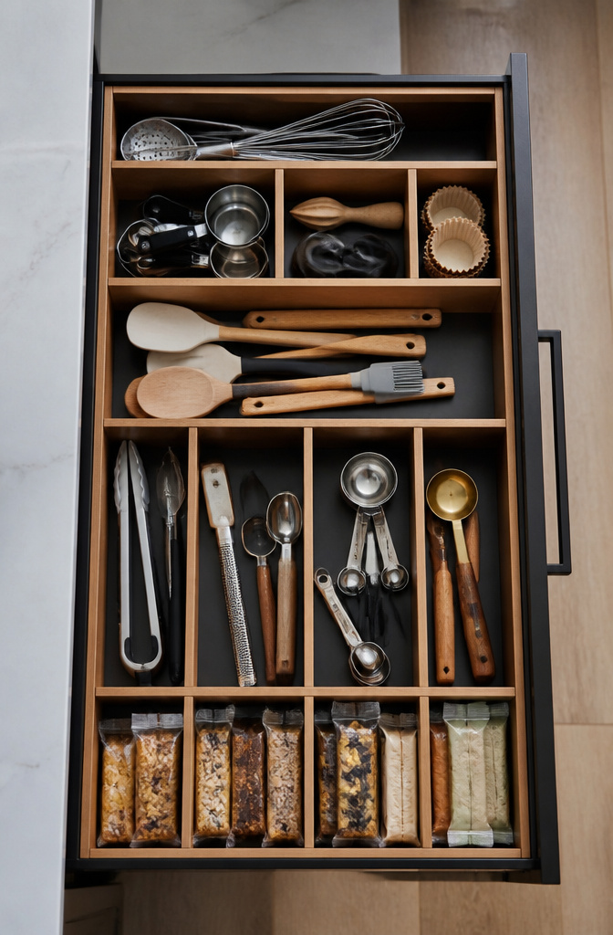 15 No Kitchen Cabinets Storage Ideas for 2026 9 A kitchen drawer with custom dividers separating utensils.