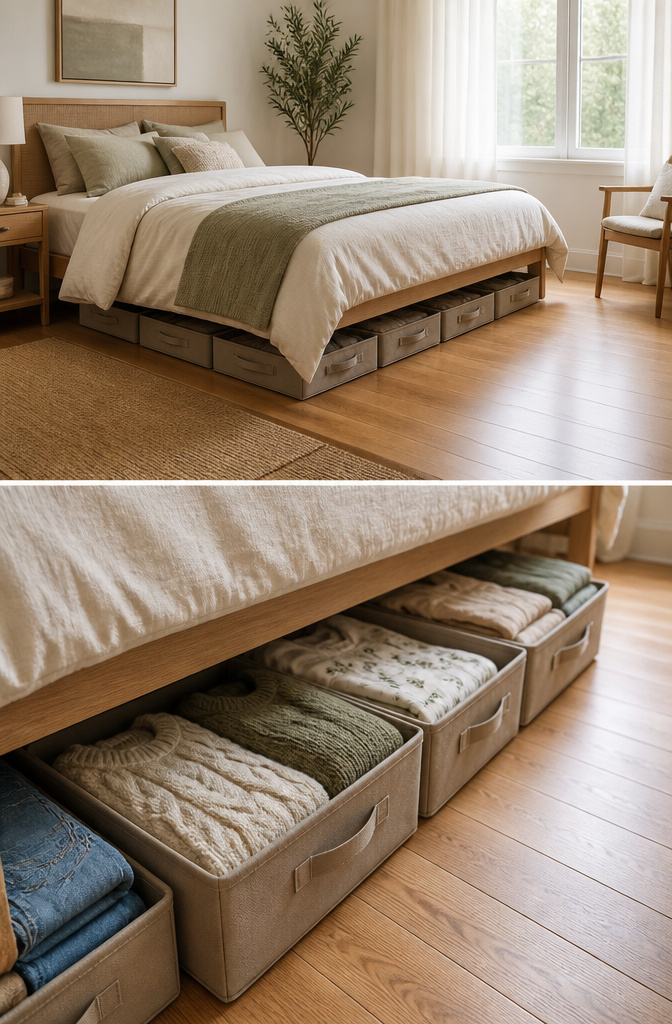 Shallow lidded bins neatly stored under a bed for seasonal items.