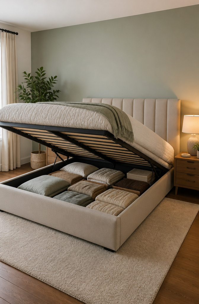 A storage bed with a high-quality headboard and bedding underneath.