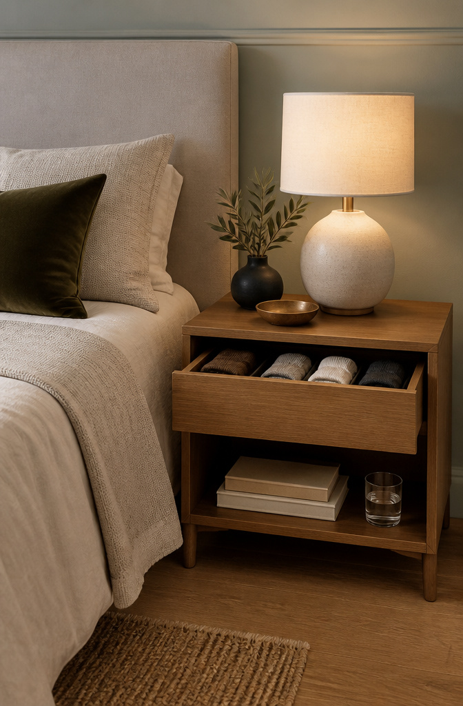 A nightstand with an open shelf and a drawer next to a bed.