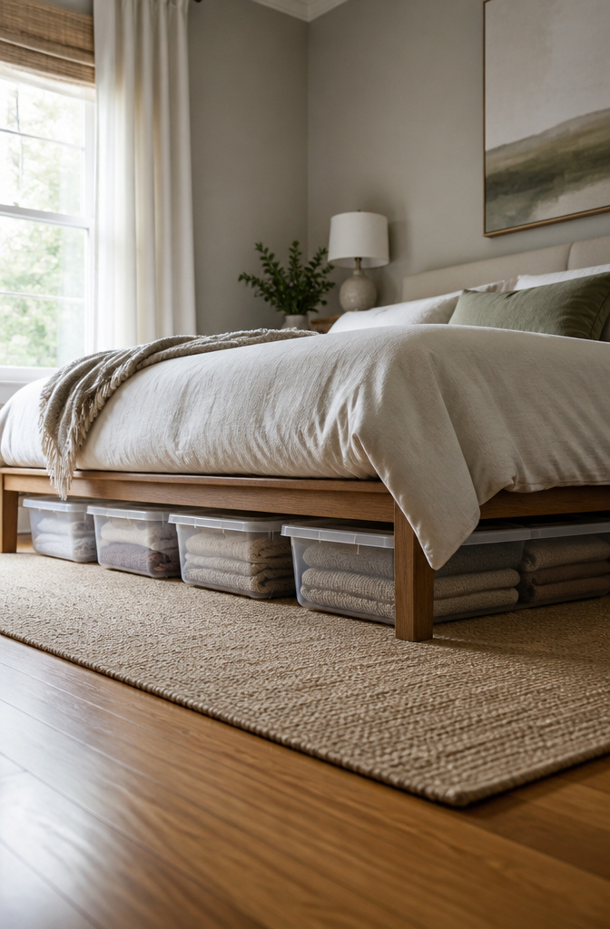 Slim lidded bins stored under a bed for additional storage.