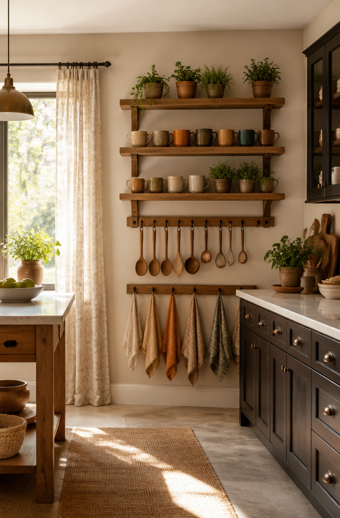Floating shelves and hooks mounted on a wall for organization.