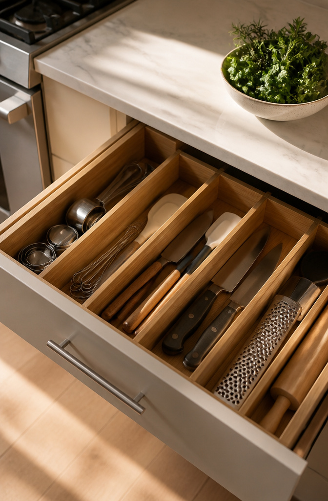 A kitchen drawer with bamboo dividers for organizing utensils.