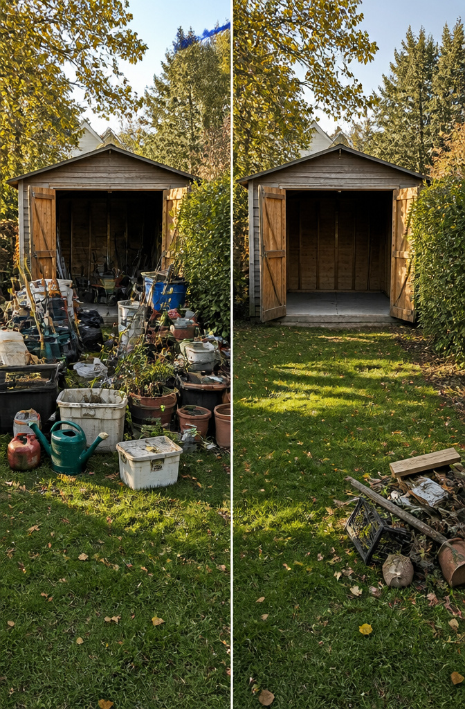 A lawn covered with various items sorted for shed organization.