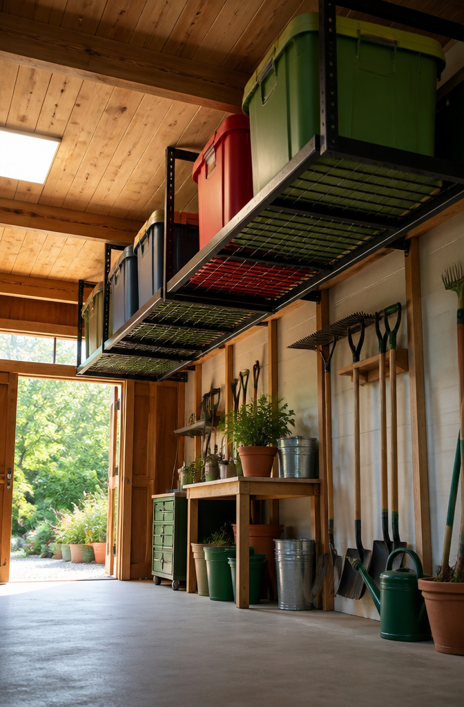 Overhead racks in a shed holding holiday bins and camping gear.