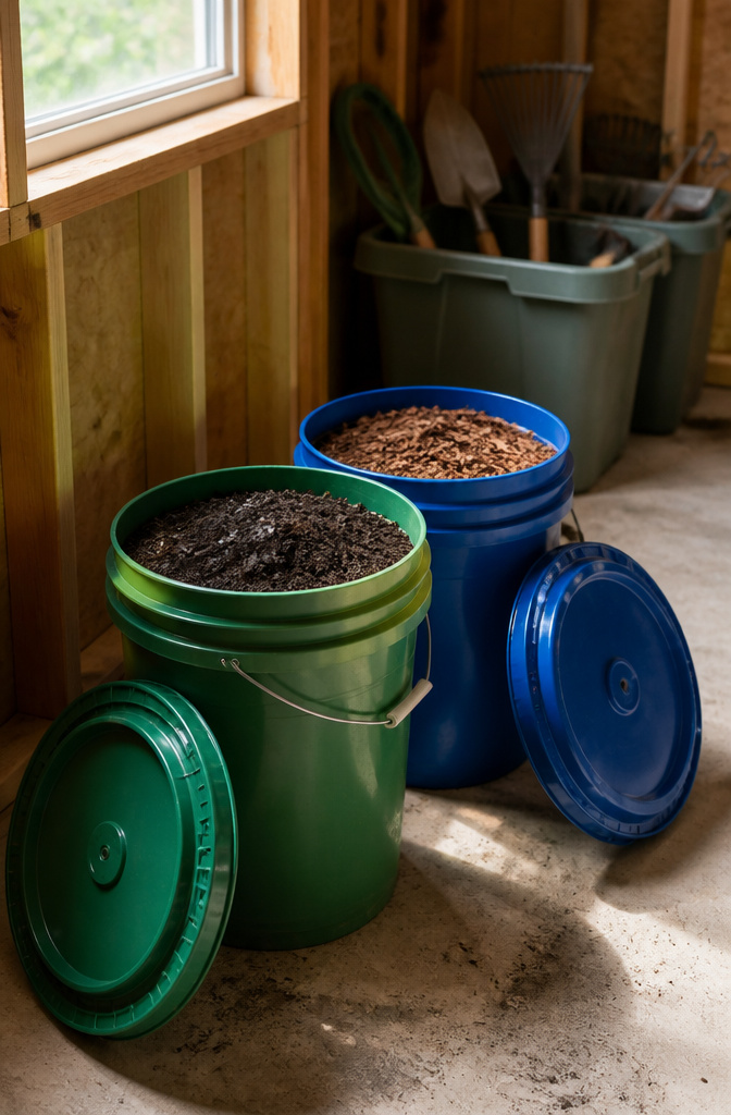 Five-gallon buckets storing soil and mulch in a shed.