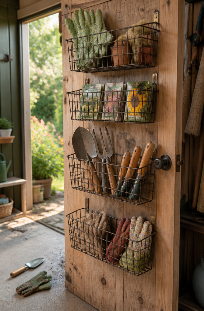 Wire hanging baskets on a wall filled with gloves and seed packets.