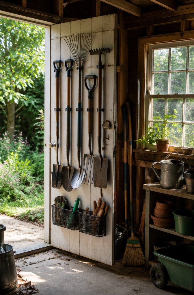 Flat tools hanging on the back of a shed door.