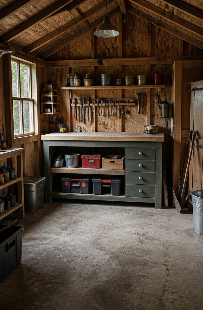 A workbench with shelves below, designed for a small shed.