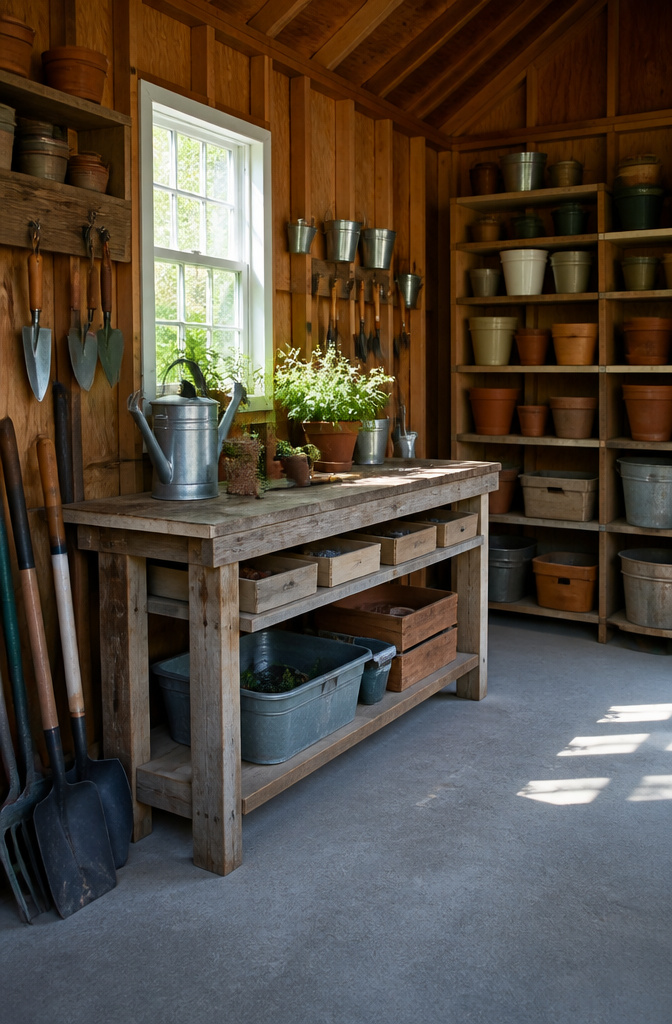 A potting bench with soil bags and gardening tools arranged neatly.