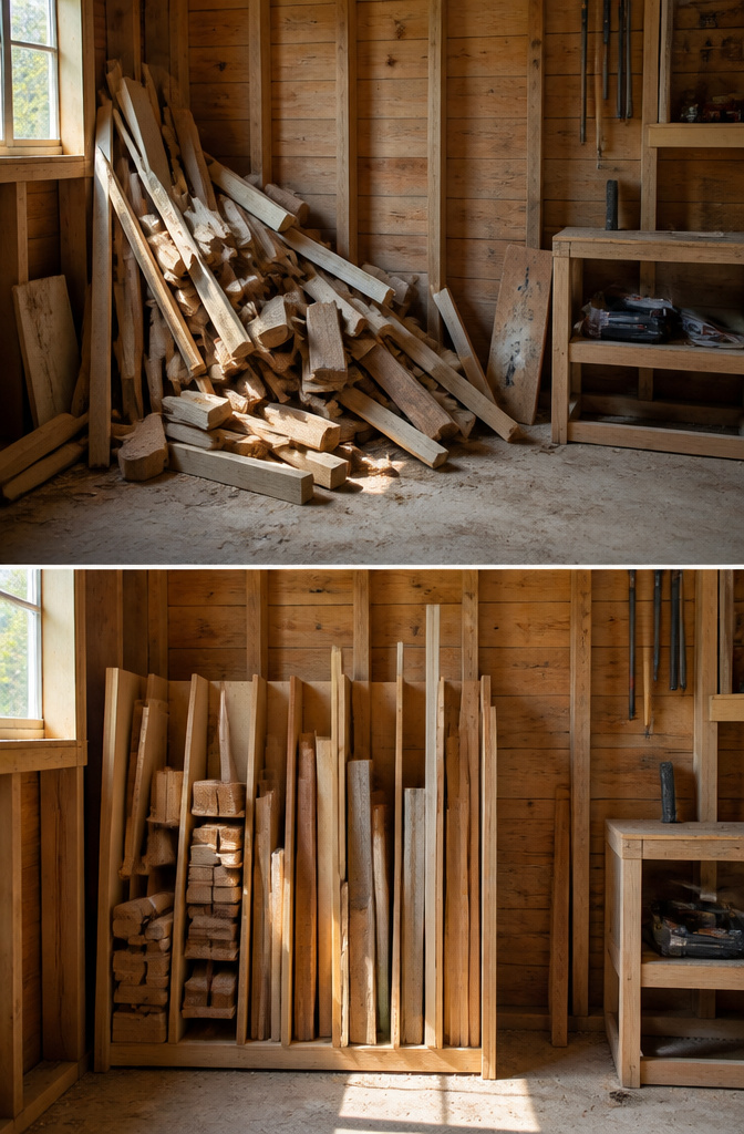 Vertical bins holding different lengths of scrap wood.