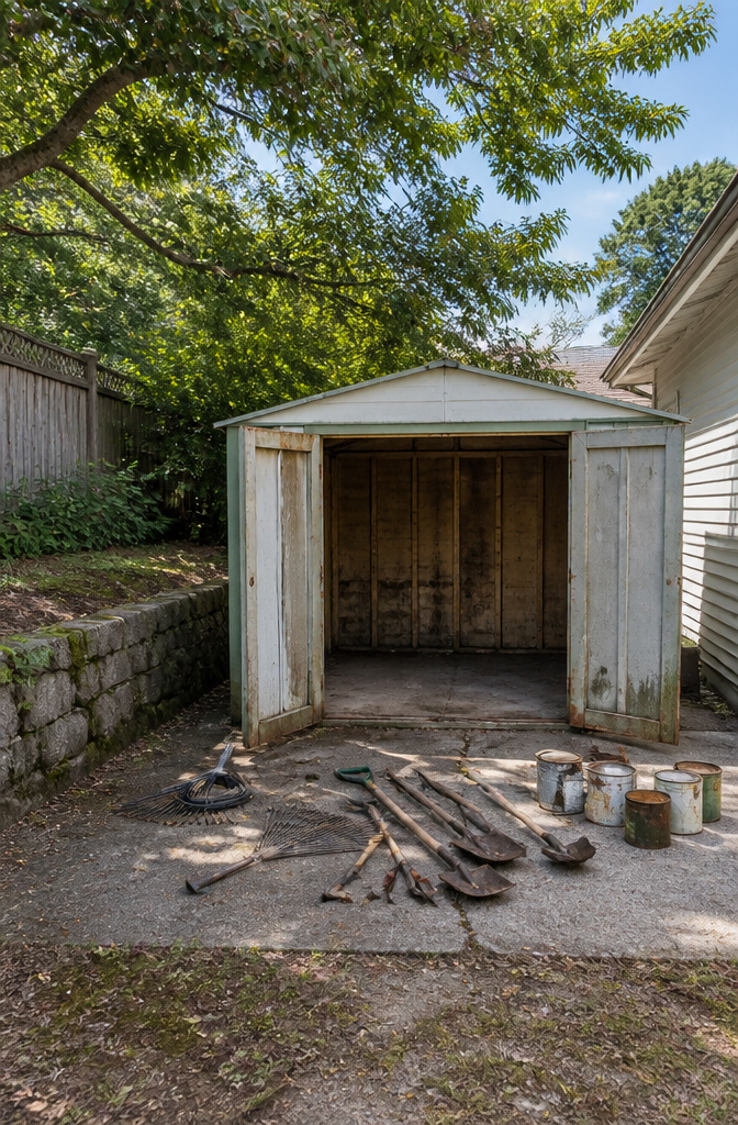 A shed interior showing water stains and soft spots on the floor.