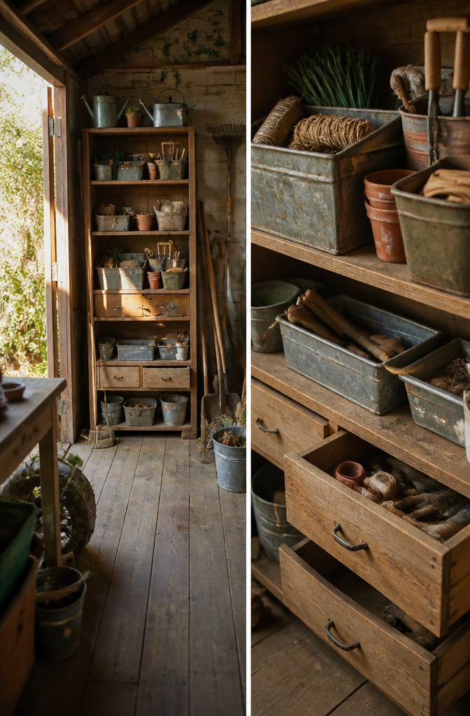An old dresser used for storing nails and screws in a shed.