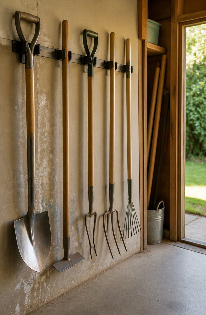 Wall-mounted hooks displaying various long-handled garden tools.