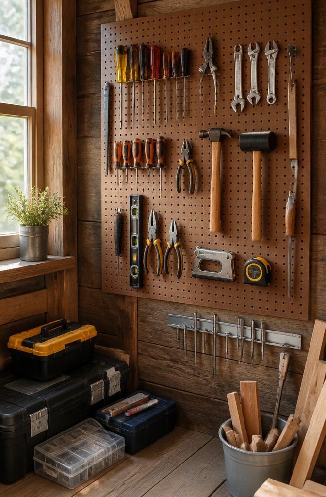 A pegboard with neatly arranged hand tools and labels.