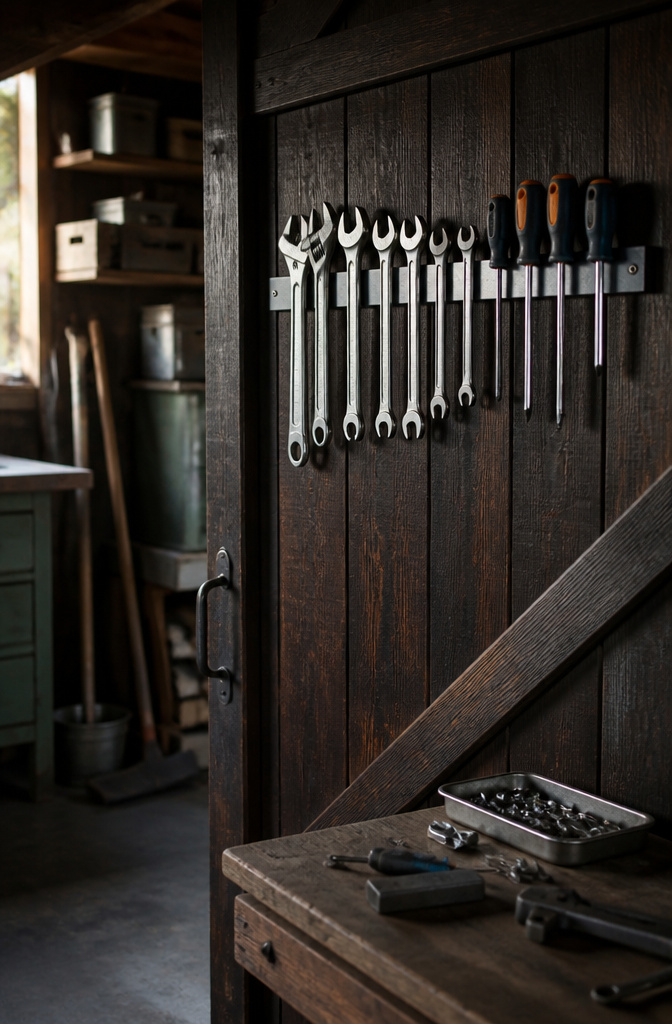 A magnetic strip mounted on a shed door displaying wrenches and screwdrivers.