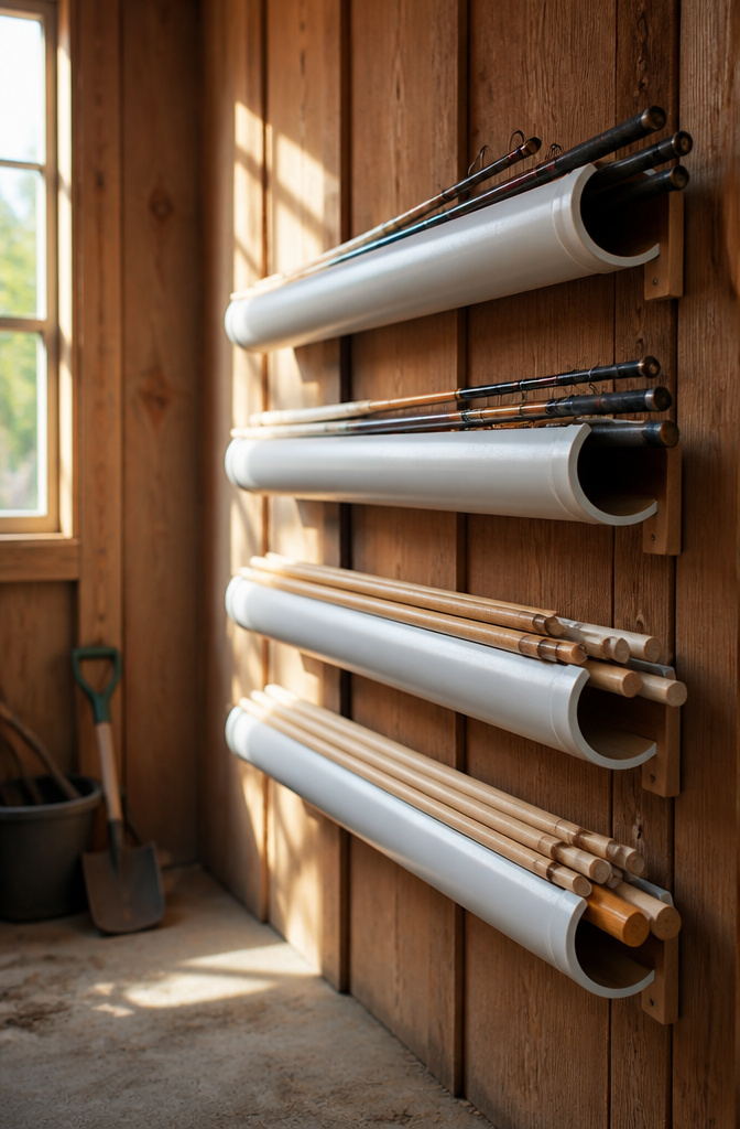 Short sections of PVC pipe mounted to a wall holding various long items.