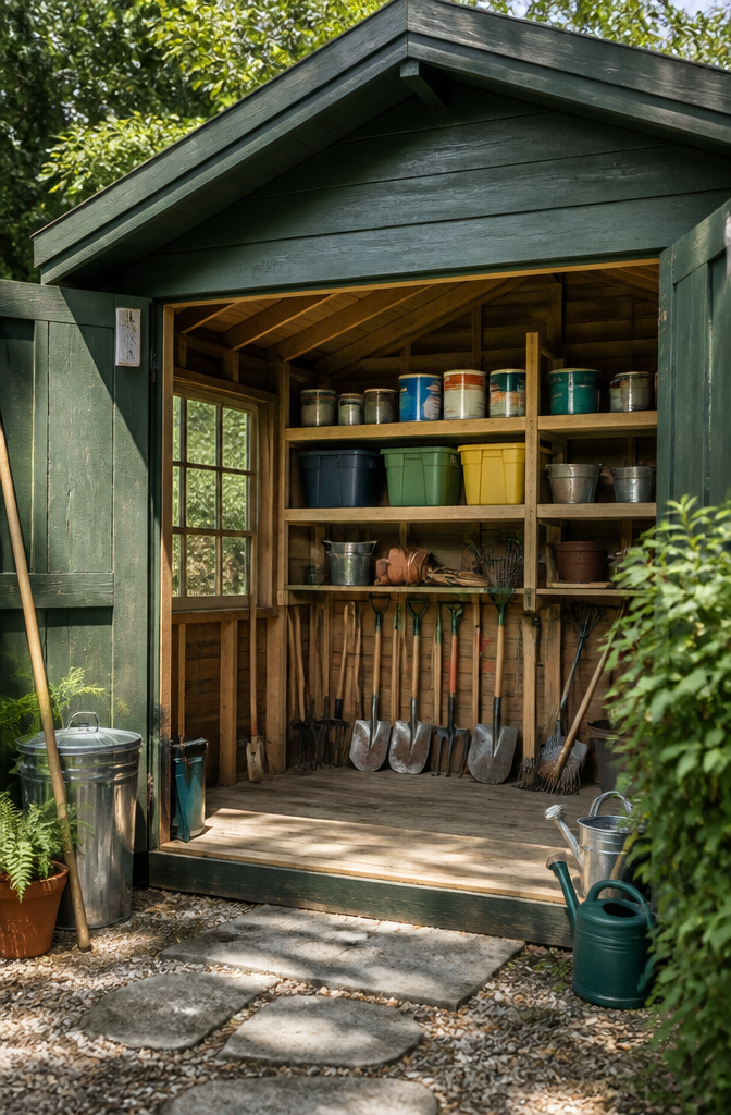 2x4 shelves in a shed holding various heavy tools.