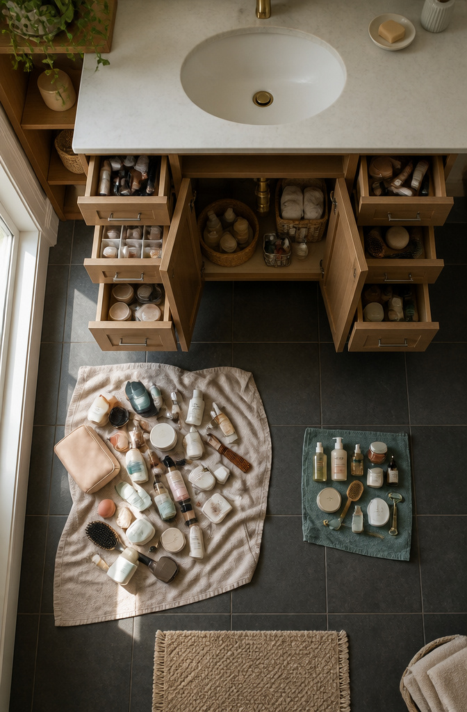 20 Small Bathroom Vanity Organization Ideas for 2026 1 A towel on the floor displays various bathroom items pulled from a vanity.