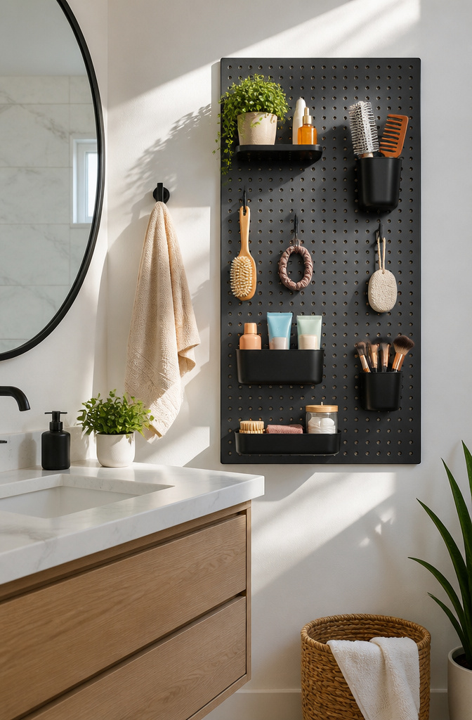 20 Small Bathroom Vanity Organization Ideas for 2026 15 A pegboard mounted on a wall holds various grooming supplies.