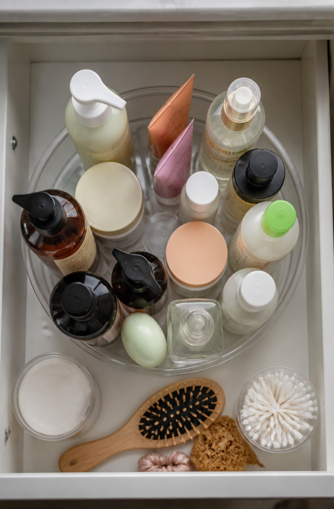 20 Small Bathroom Vanity Organization Ideas for 2026 19 A turntable holds various toiletries inside a cabinet under the sink.