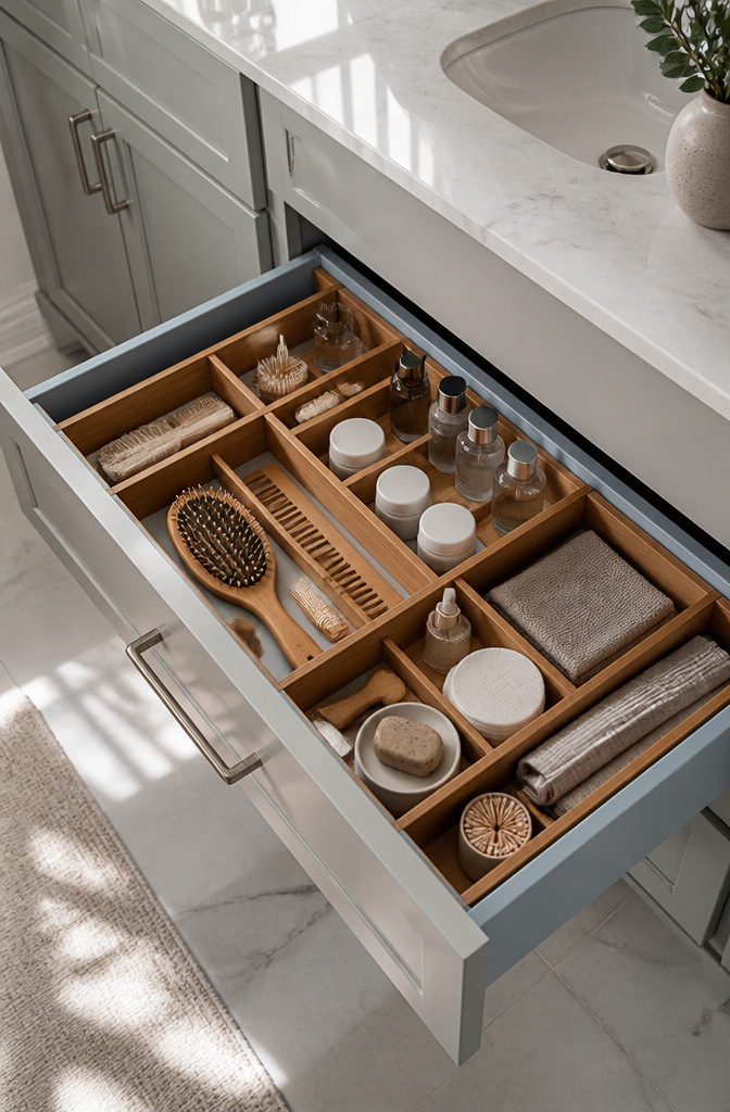 20 Small Bathroom Vanity Organization Ideas for 2026 5 A bathroom drawer features bamboo dividers holding various toiletries.