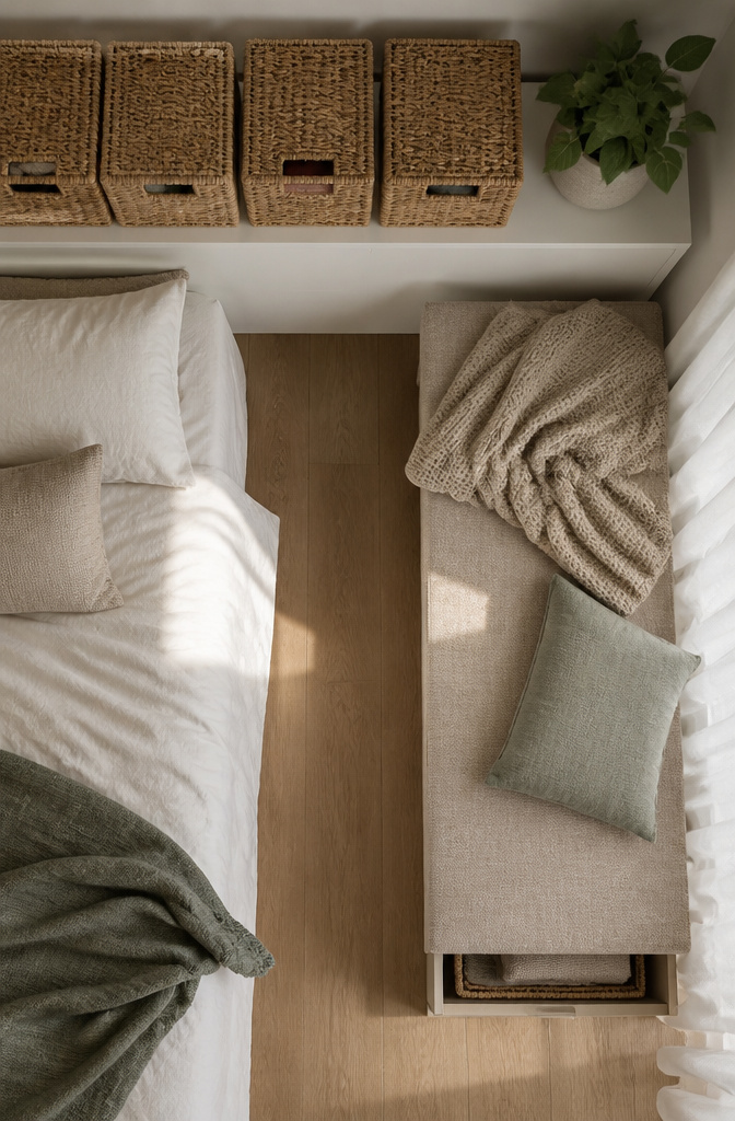 10 Small Bedroom Shelf Ideas for Tight Spaces 14 Open shelves with woven baskets and boxes for organized storage.