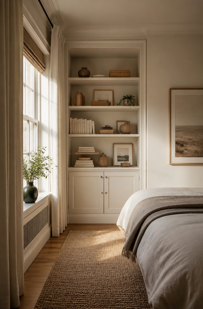 10 Small Bedroom Shelf Ideas for Tight Spaces 3 Floor-to-ceiling built-in shelves filled with books and decorative items.