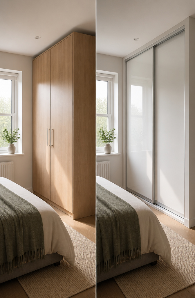 A sliding door wardrobe installed in a small bedroom.