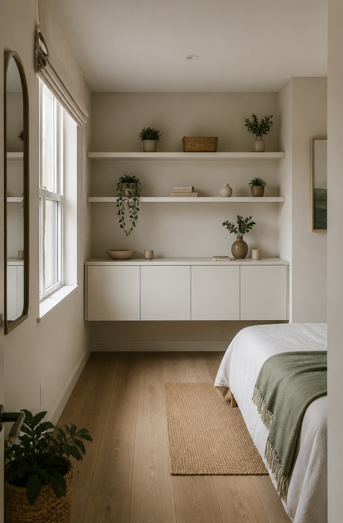 A wall-mounted wardrobe installed above the floor in a small bedroom.