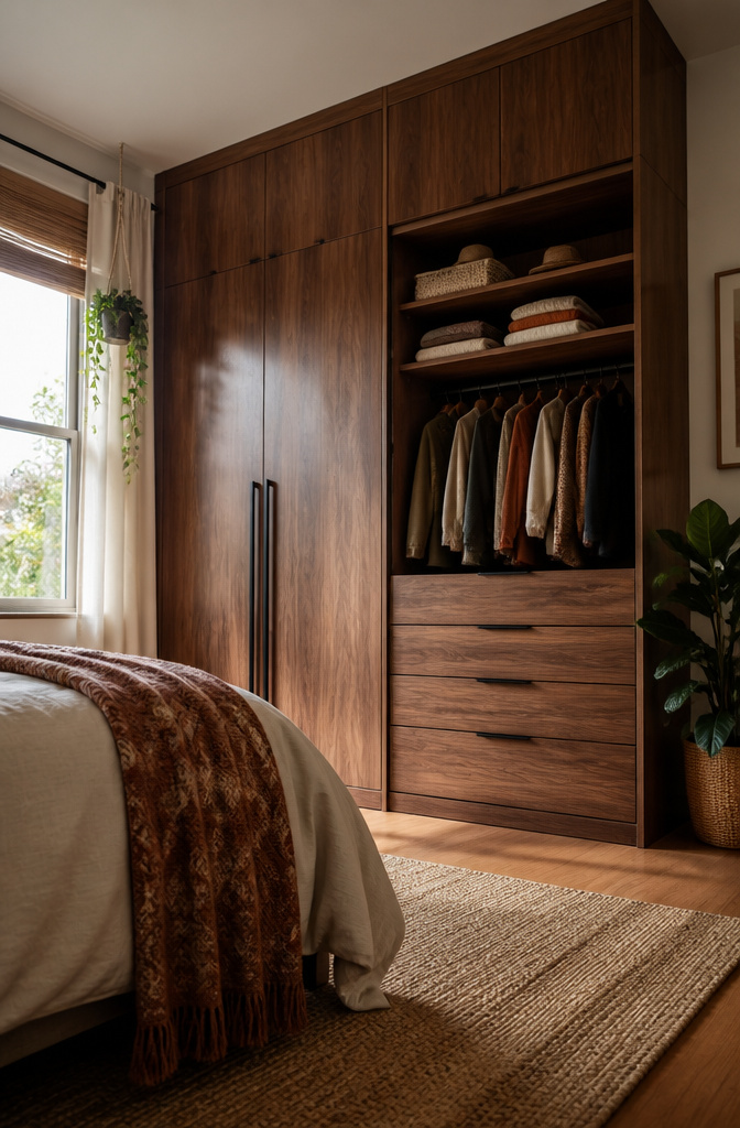 A floor-to-ceiling wardrobe in a compact bedroom.