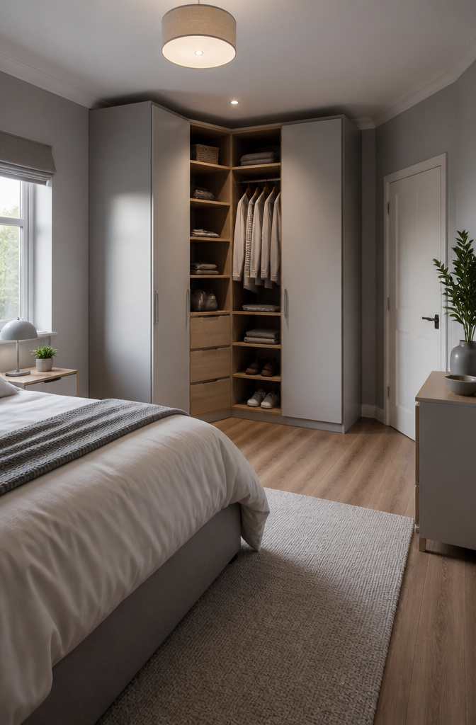 An L-shaped corner wardrobe fitted into a bedroom corner.