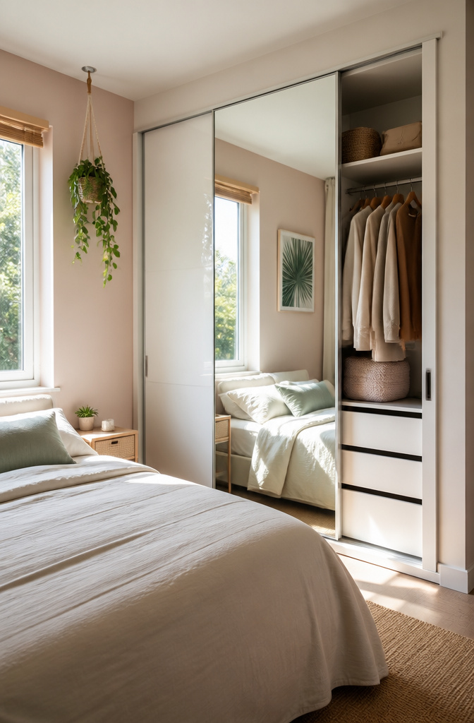 A wardrobe with mirrored doors in a brightly lit bedroom.